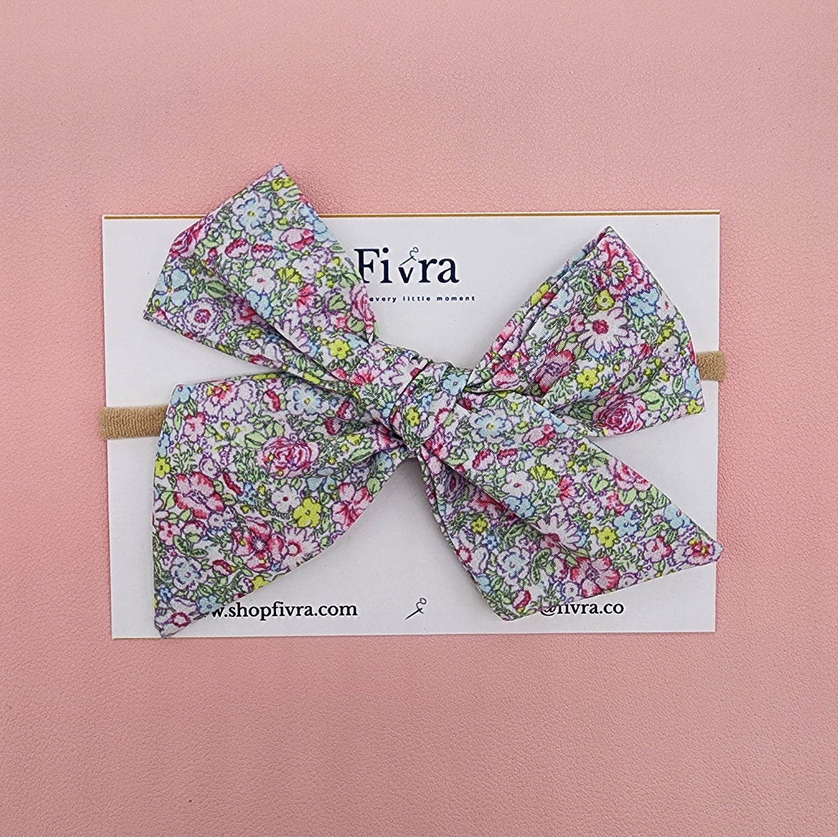 Large hair bow - Nylon headband - Flowers green/pink